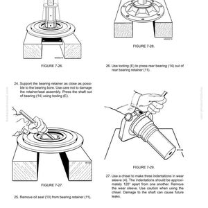 May include: Technical diagrams illustrating fan clutch maintenance procedures. Figures show steps for removing and installing components, including bearing retainers, oil seals, and wear sleeves. Text instructions accompany each diagram, detailing the process.