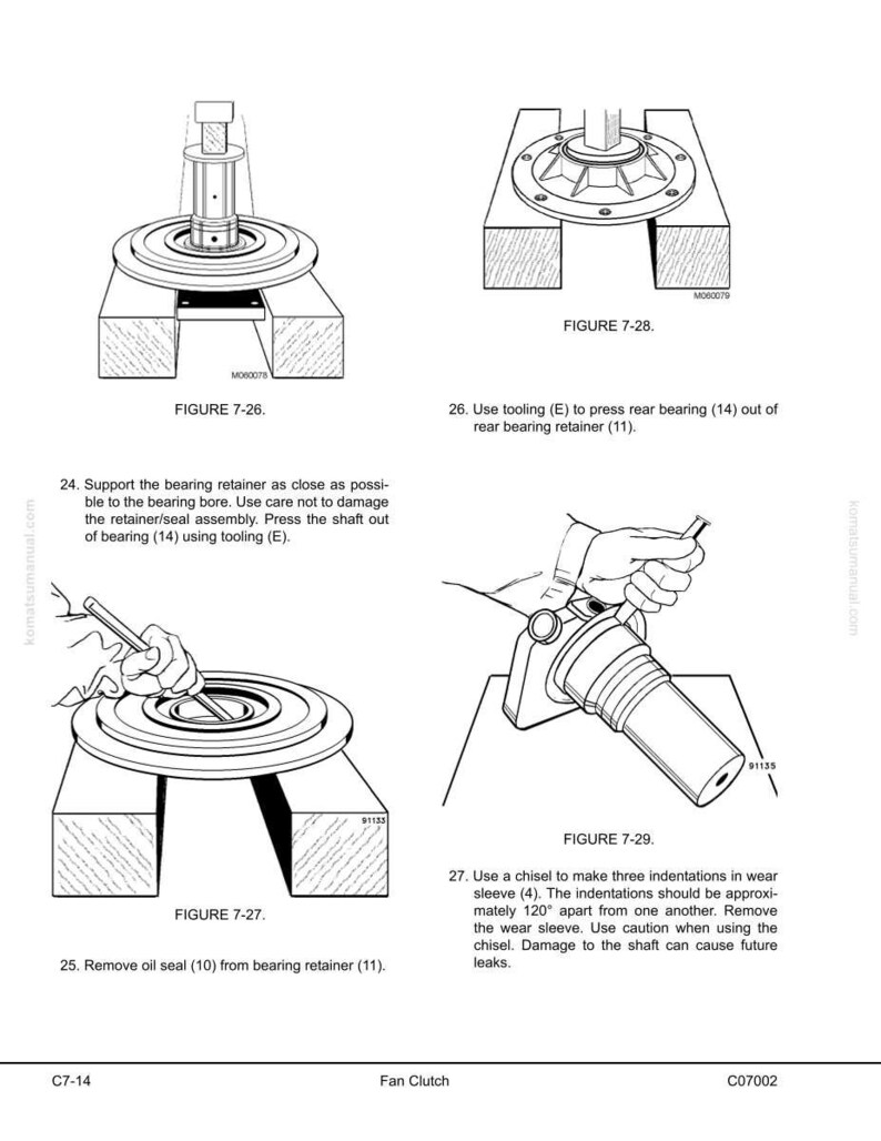 May include: Technical diagrams illustrating fan clutch maintenance procedures. Figures show steps for removing and installing components, including bearing retainers, oil seals, and wear sleeves. Text instructions accompany each diagram, detailing the process.