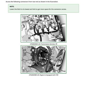 May include: Diagram showing connector access on a vehicle's rear end. The image details the transmission harness and region II, with numbered connectors. Text provides instructions for accessing the connectors from the rear end, as illustrated.