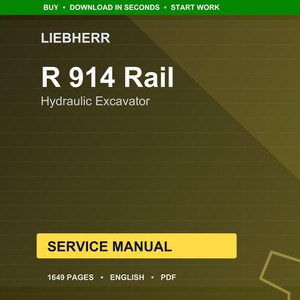 Może przedstawiać: Cyfrowa instrukcja serwisowa do koparki hydraulicznej Liebherr R 914 Rail. Okładka to gradient oliwkowy i brązowy z tekstem "R 914 Rail" dużymi białymi literami. Instrukcja ma 1649 stron i jest w języku angielskim.