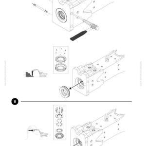 May include: Technical diagram of a Komatsu machine component, featuring detailed assembly instructions. The image shows various parts, including a cylindrical component, bolts, and a hammer, with labels and arrows indicating assembly steps. The Komatsu logo is visible.