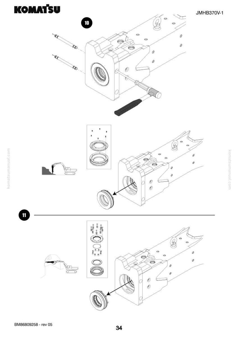 May include: Technical diagram of a Komatsu machine component, featuring detailed assembly instructions. The image shows various parts, including a cylindrical component, bolts, and a hammer, with labels and arrows indicating assembly steps. The Komatsu logo is visible.