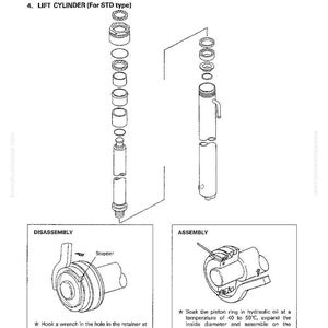 Puede incluir: Diagrama de un conjunto de cilindro de elevaci&oacute;n, que muestra los componentes desmontados y ensamblados. Incluye ilustraciones detalladas de los pasos de desmontaje y montaje, con etiquetas e instrucciones para cada proceso. La imagen es de un manual de sistema hidr&aacute;ulico.