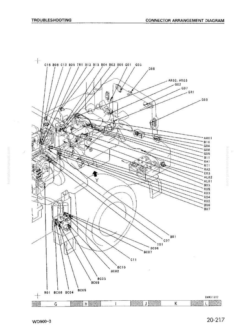 May include: A detailed technical diagram with the title "Troubleshooting" and "Connector Arrangement Diagram". The image is a black and white illustration with numerous lines, labels, and component identifiers. The diagram includes a large circular component and various connectors.