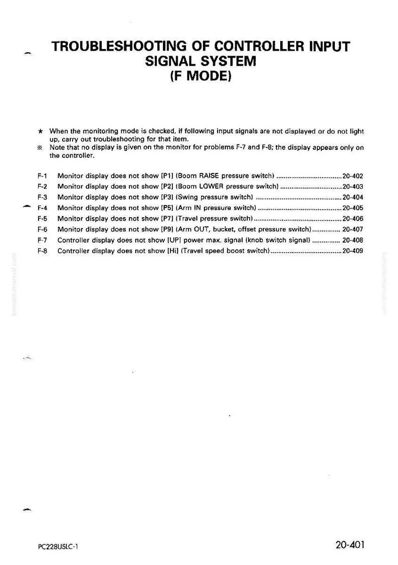 May include: A white document detailing "TROUBLESHOOTING OF CONTROLLER INPUT SIGNAL SYSTEM (F MODE)". It provides troubleshooting steps for a controller, listing display problems and suggested actions to resolve them.