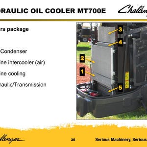 May include: Image of a hydraulic oil cooler for the MT700E model. The image shows the cooler's components, including the fuel, A/C condenser, engine intercooler, engine cooling, and hydraulic/transmission systems. The Challenger logo is visible.