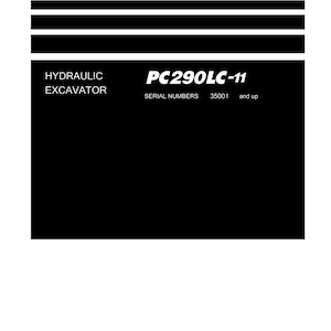 Pu&ograve; includere: Un manuale d'officina intitolato "Shop Manual". Contiene informazioni per un escavatore idraulico, modello PC290LC-11, con numeri di serie 35001 e successivi. Il logo Komatsu &egrave; in basso.