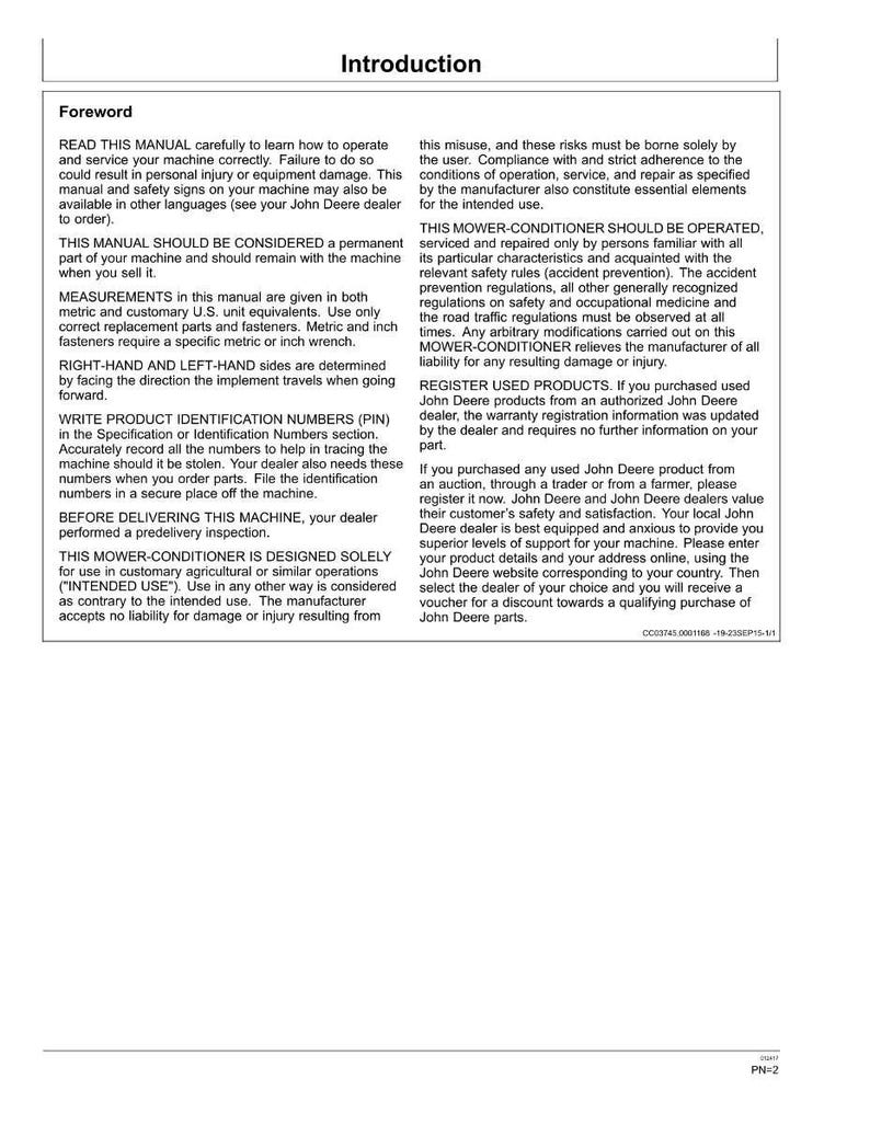 May include: A printed manual page with the title "Introduction" and the "Foreword" section. The text describes safety instructions, machine maintenance, and product identification. The page includes the John Deere logo and model information.