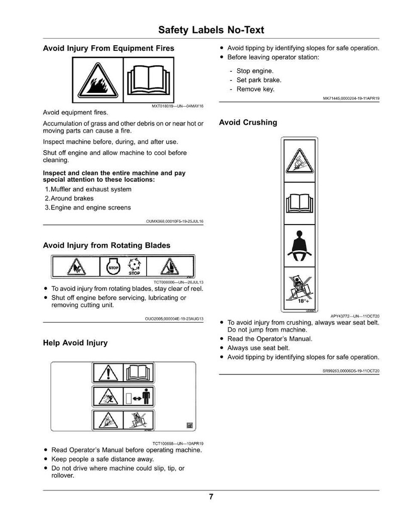 May include: A page from an equipment manual with safety labels and instructions. The labels use symbols to warn against fire, crushing, and rotating blades. Instructions include avoiding slopes, wearing seatbelts, and reading the manual.