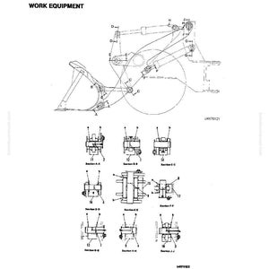 May include: A technical diagram of work equipment, featuring detailed schematics of mechanical components. The diagram includes various sections labeled A-J, with annotations and measurements. The image is in black and white.