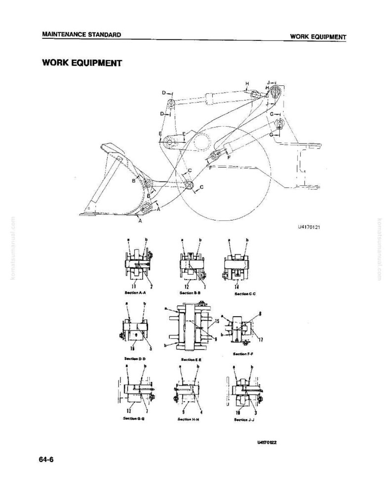 May include: A technical diagram of work equipment, featuring detailed schematics of mechanical components. The diagram includes various sections labeled A-J, with annotations and measurements. The image is in black and white.