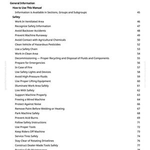 May include: A page from a manual titled "Table of Contents" with a list of safety topics. The text includes sections on safety, emergency preparation, and machine maintenance. The page numbers are listed on the right.