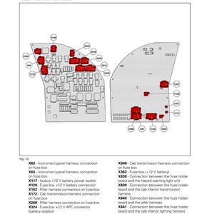 K&ouml;nnte beinhalten: Diagramm des Sicherungskastenlayouts mit Anschl&uuml;ssen, gekennzeichnet mit Codes wie X63, X64 und X348. Der Text beschreibt die Funktion jeder Verbindung, z. B. 'Instrumententafel-Kabelanschluss'.