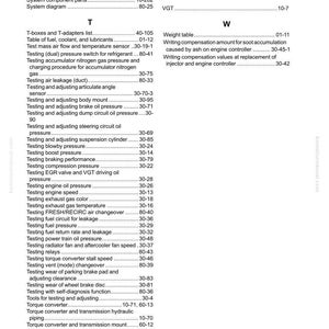 K&ouml;nnte beinhalten: Eine Seite aus einem Handbuch mit einem Index von Begriffen zu Fahrzeugsystemen. Der Text enth&auml;lt Begriffe wie &bdquo;Test&ldquo;, &bdquo;Druck&ldquo; und &bdquo;Drehmomentwandler&ldquo;. Die Seite ist wei&szlig; mit schwarzem Text.