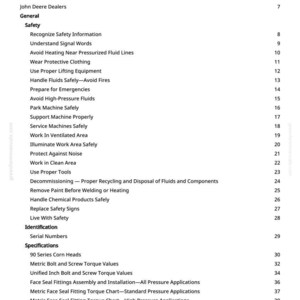 May include: A manual's contents page, titled "Table of Contents." It details safety topics like "Wear Protective Clothing" and "Handle Fluids Safely." Specifications for "90 Series Corn Heads" are also listed.