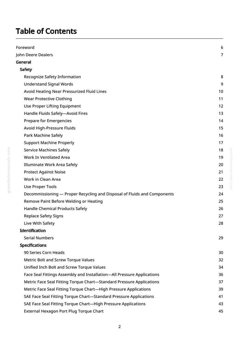 May include: A manual's contents page, titled "Table of Contents." It details safety topics like "Wear Protective Clothing" and "Handle Fluids Safely." Specifications for "90 Series Corn Heads" are also listed.