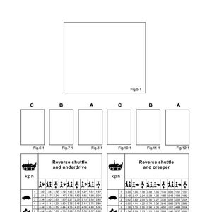 May include: Diagram with the title "Tractor identification and technical specifications." Includes tables with speed measurements in kph, labeled "Reverse shuttle and underdrive" and "Reverse shuttle and creeper."