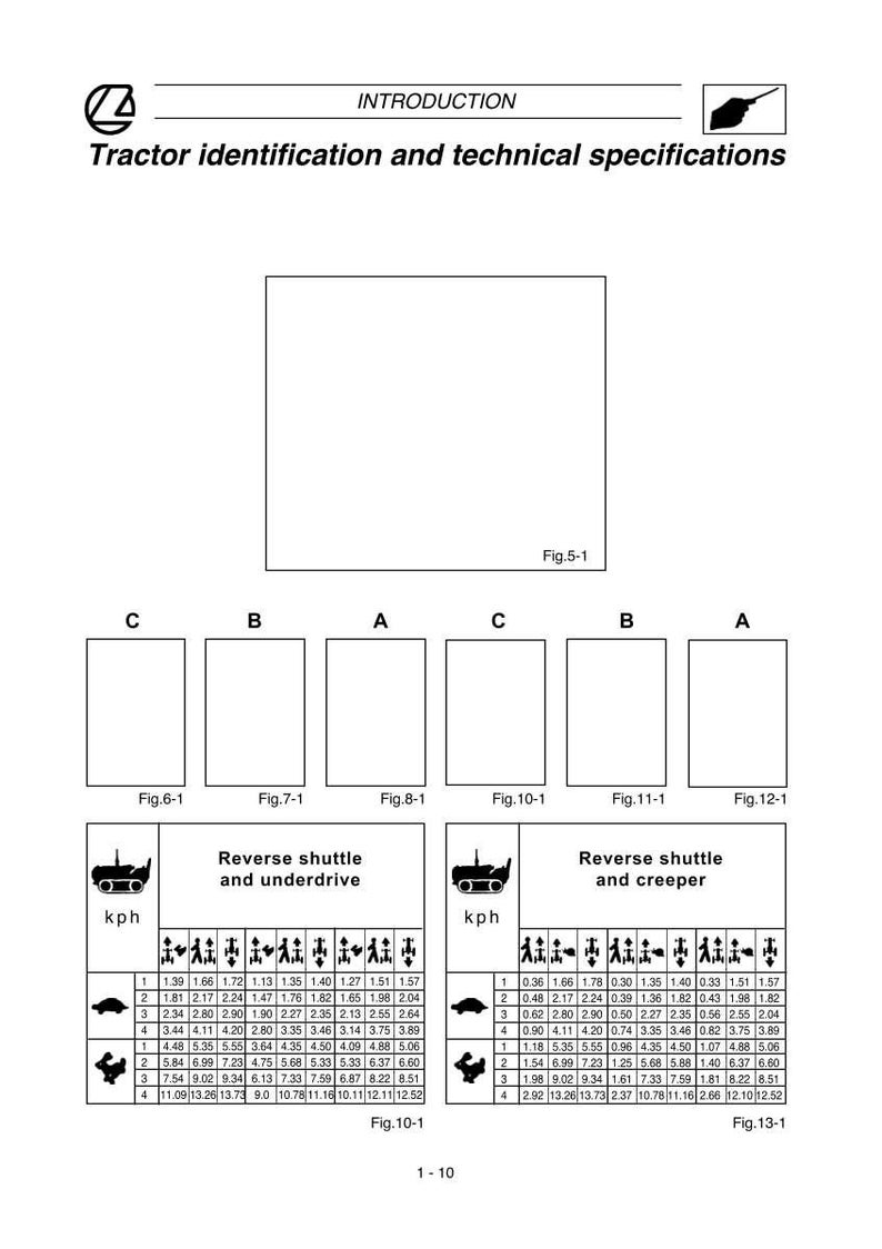 May include: Diagram with the title "Tractor identification and technical specifications." Includes tables with speed measurements in kph, labeled "Reverse shuttle and underdrive" and "Reverse shuttle and creeper."