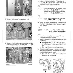May include: Diagram detailing the removal and installation of a fuel injection pump assembly. Includes images of the pump, nuts, brackets, and text instructions. Measurements are in Newton-metres and kilograms.