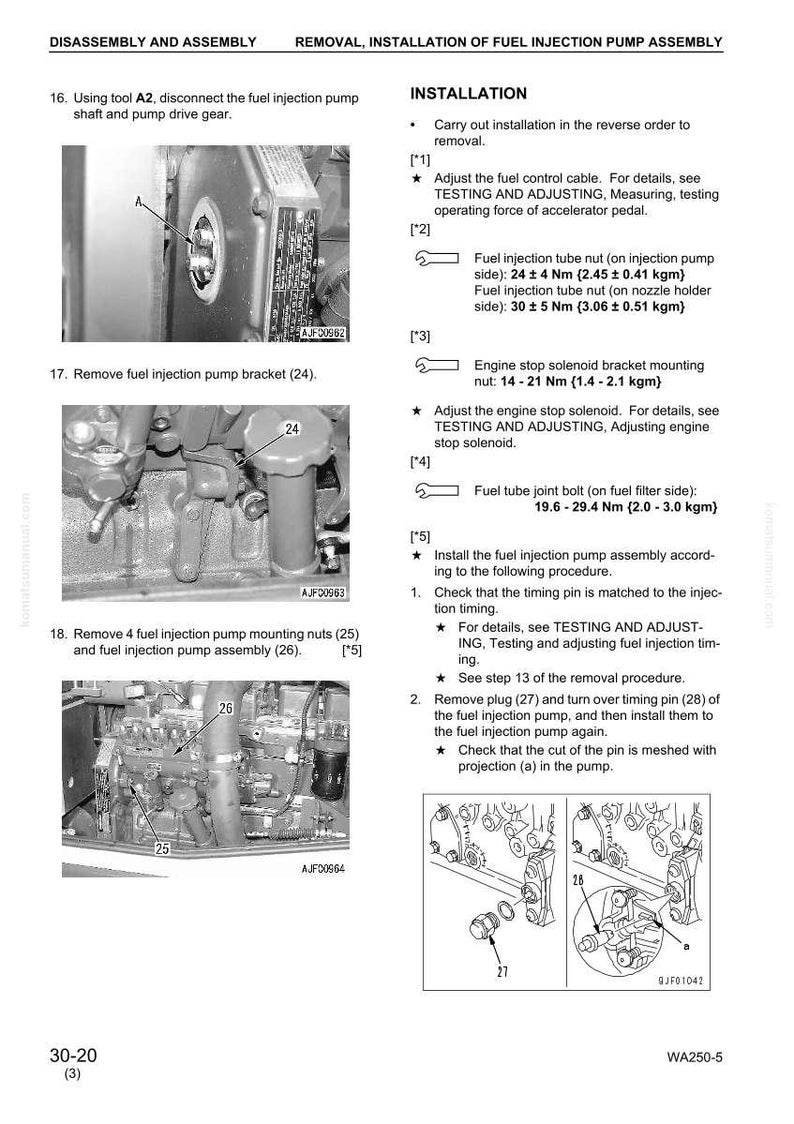 May include: Diagram detailing the removal and installation of a fuel injection pump assembly. Includes images of the pump, nuts, brackets, and text instructions. Measurements are in Newton-metres and kilograms.