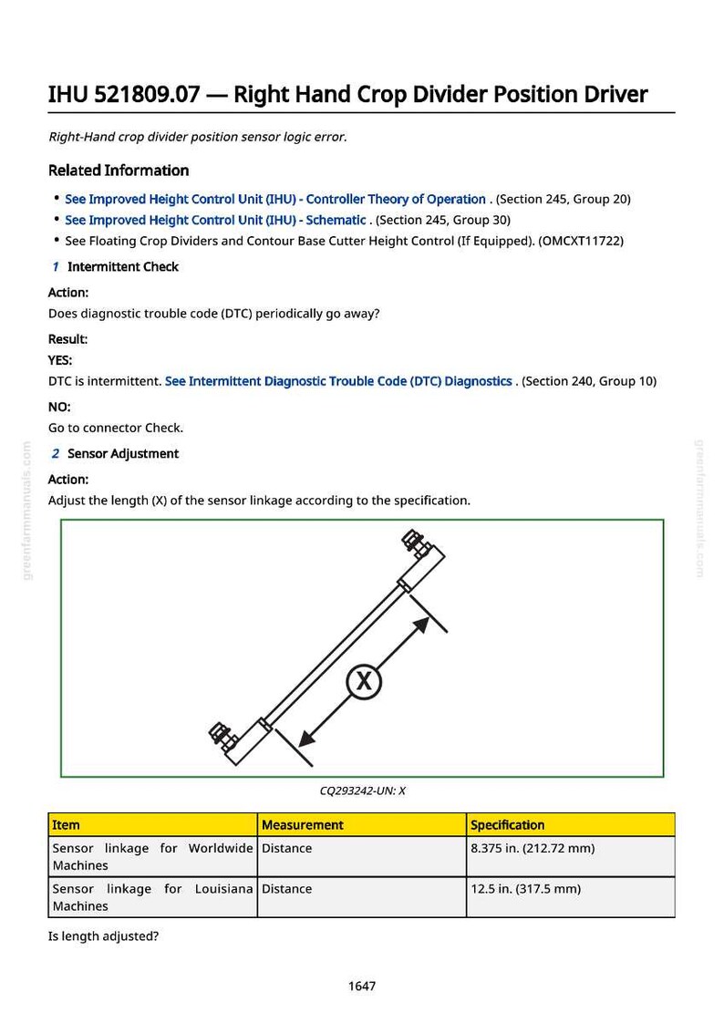 May include: Diagram of a right-hand crop divider position sensor driver, with text including "IHU 521809.07". The image includes measurements for sensor linkage: 8.375 in. (212.72 mm) and 12.5 in. (317.5 mm).