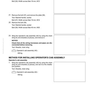 May include: A page from a manual detailing the disassembly and assembly of an operator's cab. Instructions include removing bolts, plates, and the cab assembly, with tool and measurement specifications.