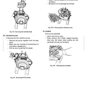 Pode incluir: Diagramas de um manual mostrando as etapas de desmontagem do motor. As ilustra&ccedil;&otilde;es incluem a remo&ccedil;&atilde;o da cabe&ccedil;a do cilindro, da bomba de inje&ccedil;&atilde;o de combust&iacute;vel, da tampa da c&aacute;rter e da &aacute;rvore de cames. As instru&ccedil;&otilde;es de texto acompanham cada etapa.