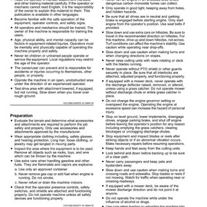 May include: A safety manual page with headings like 'Operator Training Required' and 'Operating Safely'. The text provides instructions and warnings for equipment operation, emphasizing safety precautions and procedures.