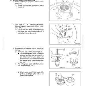 May include: Diagram of a cylinder block and piston assembly, with detailed illustrations of disassembly steps. Includes labeled components like valve plate, cylinder block, and preload pin. Text instructions accompany the diagrams.