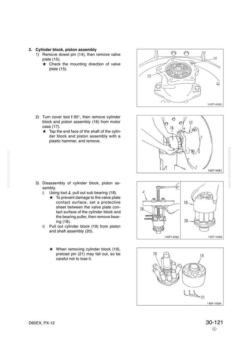 May include: Diagram of a cylinder block and piston assembly, with detailed illustrations of disassembly steps. Includes labeled components like valve plate, cylinder block, and preload pin. Text instructions accompany the diagrams.