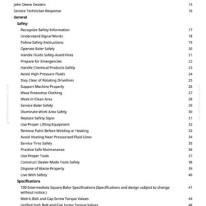 May include: A page from a manual titled "Table of Contents." The document lists safety information, including topics like "Recognize Safety Information" and "Handle Fluids Safely." Specifications and general information are also listed.