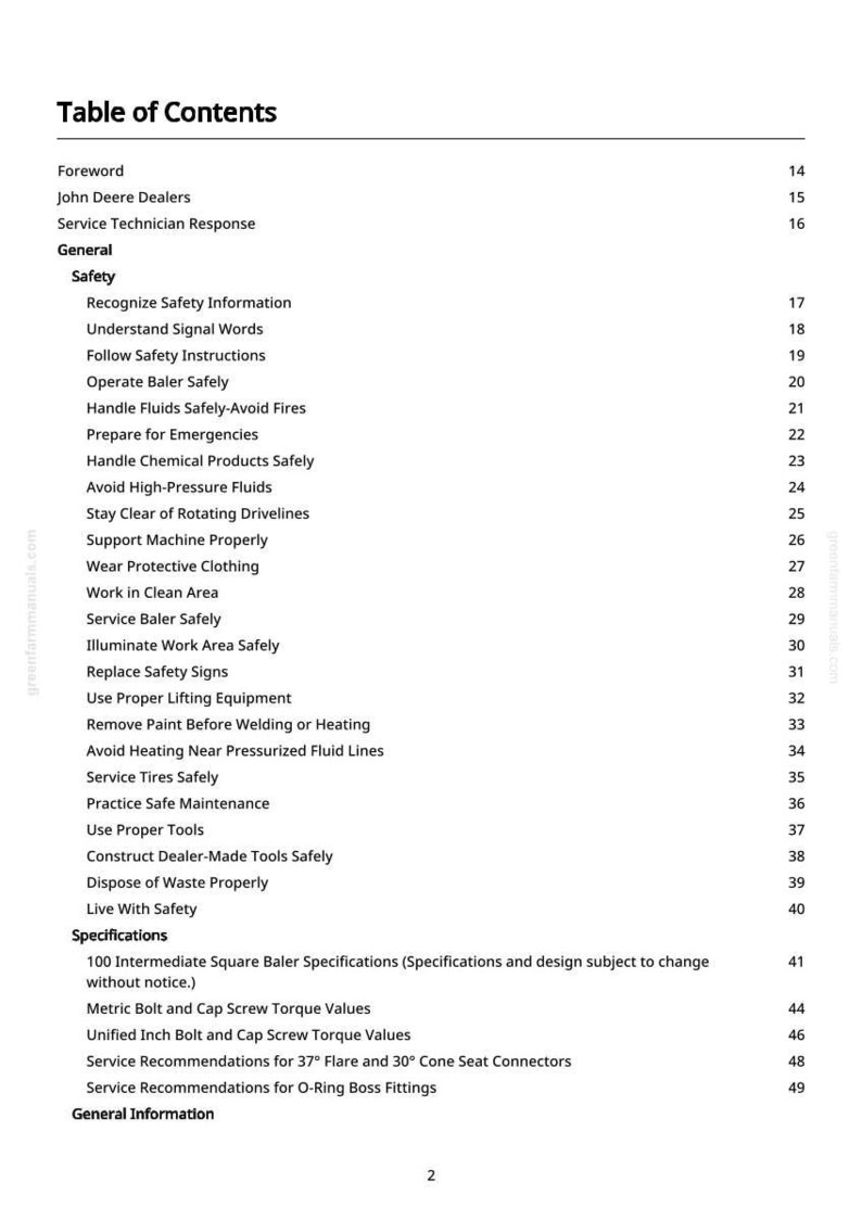 May include: A page from a manual titled "Table of Contents." The document lists safety information, including topics like "Recognize Safety Information" and "Handle Fluids Safely." Specifications and general information are also listed.