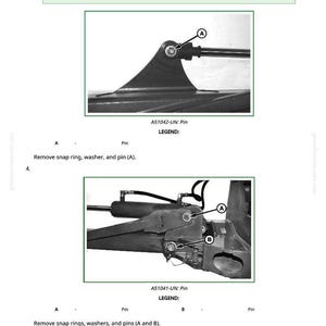 Puede incluir: Diagrama t&eacute;cnico con vistas de cerca de componentes de maquinaria. La imagen incluye ilustraciones detalladas de pasadores, anillos de seguridad y arandelas, con etiquetas e instrucciones para la extracci&oacute;n y el reemplazo. El texto en la parte superior advierte contra el estiramiento excesivo de los anillos de seguridad.