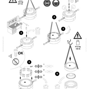 May include: Diagram from Komatsu showing assembly instructions for a mechanical component. The image includes illustrations of various parts, safety warnings, and measurements in pounds and inches. The diagram is in black and white.
