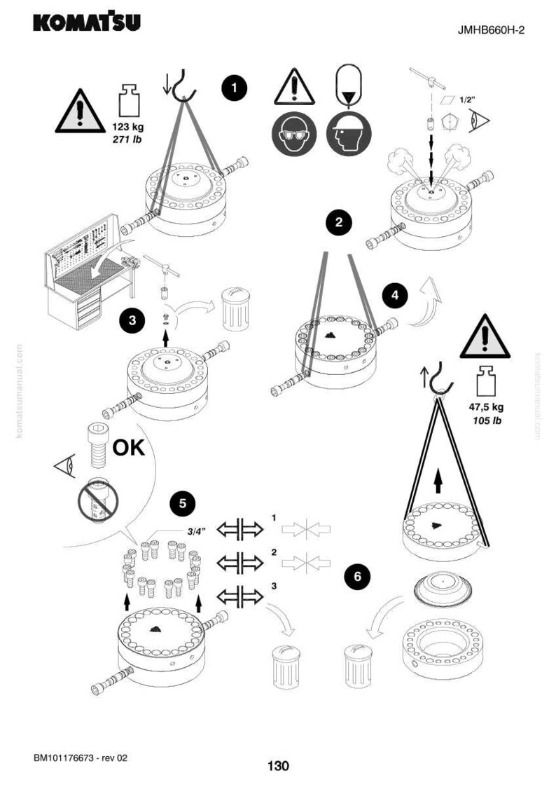 May include: Diagram from Komatsu showing assembly instructions for a mechanical component. The image includes illustrations of various parts, safety warnings, and measurements in pounds and inches. The diagram is in black and white.