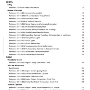 Puede incluir: Tabla de contenidos detallada de un manual, con secciones sobre seguridad, referencias generales, comprobaciones operativas del motor, pruebas, ajustes y sistemas de combustible. Texto negro sobre fondo blanco.