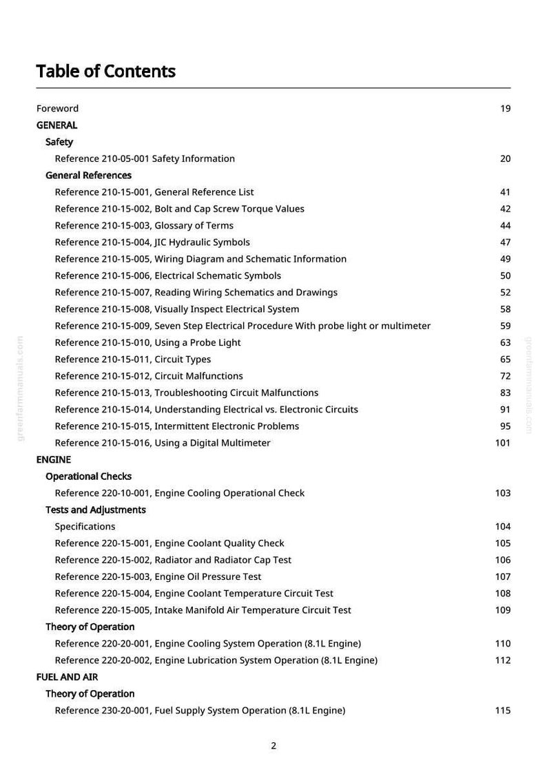 Puede incluir: Tabla de contenidos detallada de un manual, con secciones sobre seguridad, referencias generales, comprobaciones operativas del motor, pruebas, ajustes y sistemas de combustible. Texto negro sobre fondo blanco.