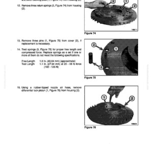 May include: Shop manual page with diagrams and instructions for removing and testing mechanical components. Includes figures 74, 75, and 76, with measurements in inches and pounds. Text includes specifications for free and test lengths.