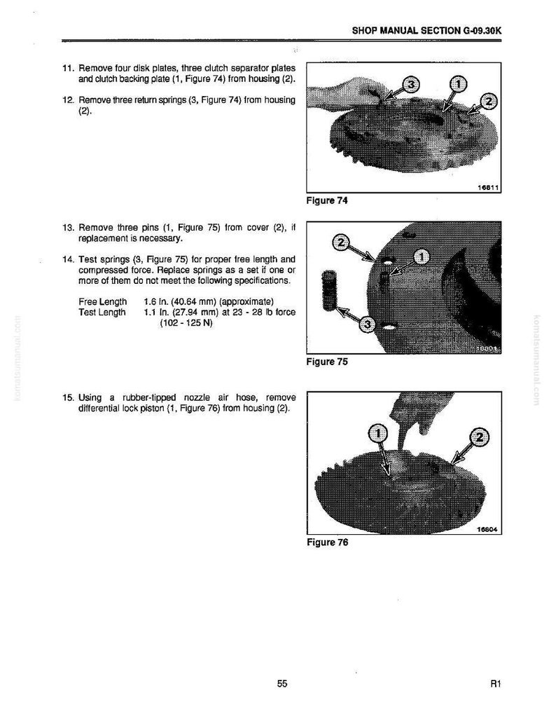 May include: Shop manual page with diagrams and instructions for removing and testing mechanical components. Includes figures 74, 75, and 76, with measurements in inches and pounds. Text includes specifications for free and test lengths.