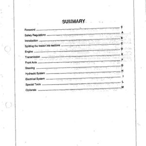 May include: A printed document titled "SUMMARY" with a table of contents listing sections such as Foreword, Safety Regulations, and Engine. The document is from LANDINI Tractors S.p.A., Italy, and includes a publication number.