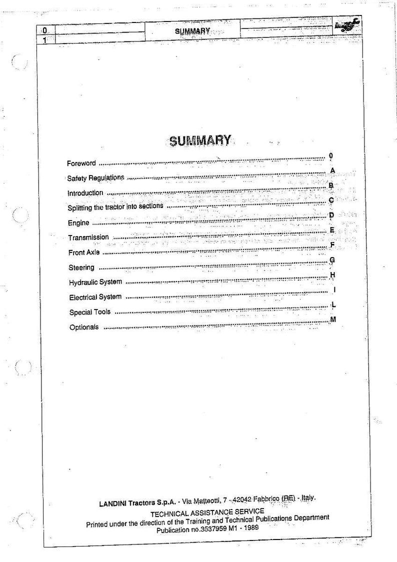 May include: A printed document titled "SUMMARY" with a table of contents listing sections such as Foreword, Safety Regulations, and Engine. The document is from LANDINI Tractors S.p.A., Italy, and includes a publication number.