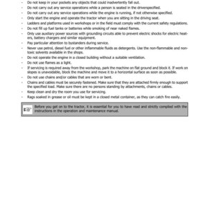 May include: Page from a manual titled "SECTION 1001" with general safety rules for tractor servicing. Text includes warnings about wearing jewelry, flammable fluids, and operating the engine. The bottom of the page has the text "Before you get on to the tractor..."