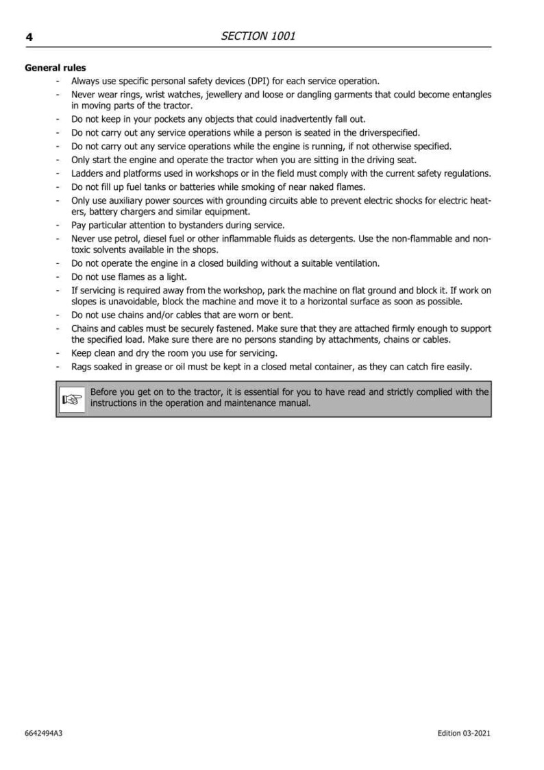 May include: Page from a manual titled "SECTION 1001" with general safety rules for tractor servicing. Text includes warnings about wearing jewelry, flammable fluids, and operating the engine. The bottom of the page has the text "Before you get on to the tractor..."