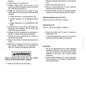 May include: A detailed technical diagram with instructions for pivot eye bearing installation and removal. Includes torque specifications in ft lb and measurements in inches and millimeters. A warning about the parking brake is also included.