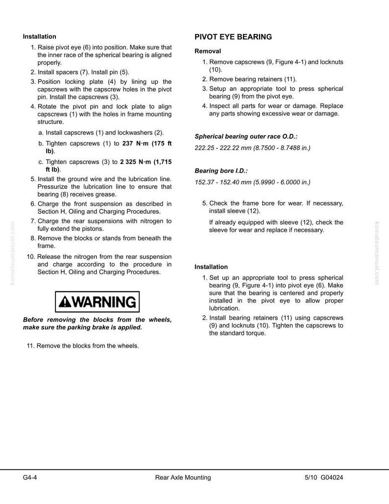 May include: A detailed technical diagram with instructions for pivot eye bearing installation and removal. Includes torque specifications in ft lb and measurements in inches and millimeters. A warning about the parking brake is also included.