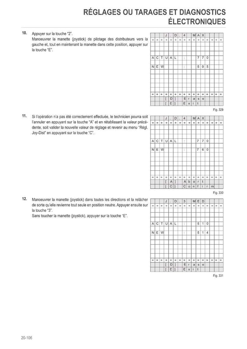 May include: A technical document in French, detailing electronic diagnostics and settings. It features diagrams, tables, and numerical data. The text is black on a white background, providing clear instructions.