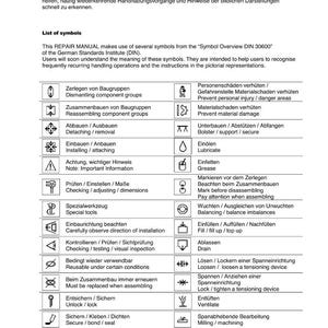 Puede incluir: Una p&aacute;gina de manual de reparaci&oacute;n con una lista de s&iacute;mbolos y sus significados. Los s&iacute;mbolos representan diversas acciones, como desmontar, montar y lubricar. El texto est&aacute; en alem&aacute;n e ingl&eacute;s.