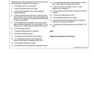 May include: A pre-delivery inspection checklist for a machine, with sections for checking oil levels, decals, machine positions, and safety features. Includes a section for the signature of the dealer or service technician.