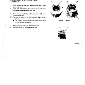 May include: Diagram of hydraulic cylinder disassembly, featuring detailed illustrations of parts like snap rings, dust seals, and O-rings. Text instructions guide the assembly process, with part numbers and labels.