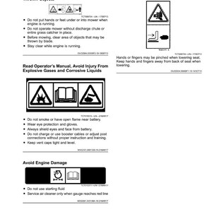 May include: A page of safety labels with text and warning symbols. The labels warn against injury from rotating blades, pinch points, explosive gases, and engine damage. Instructions include avoiding starting fluid and keeping hands away from moving parts.